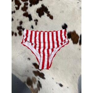 SHEIN Red White Striped High Waisted Bikini Bottom Ruched Front Size Large